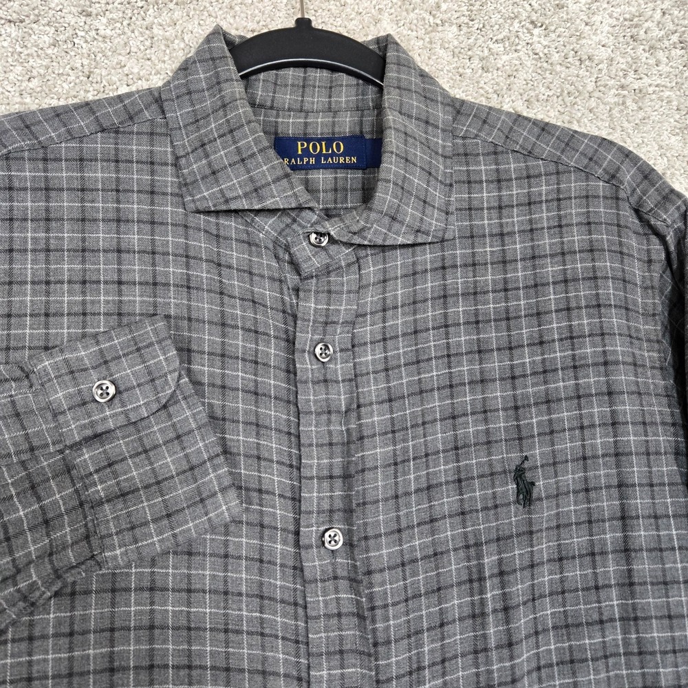 Polo Ralph Lauren Shirt Mens Medium Gray Check Plaid L/S lightweight soft cotton